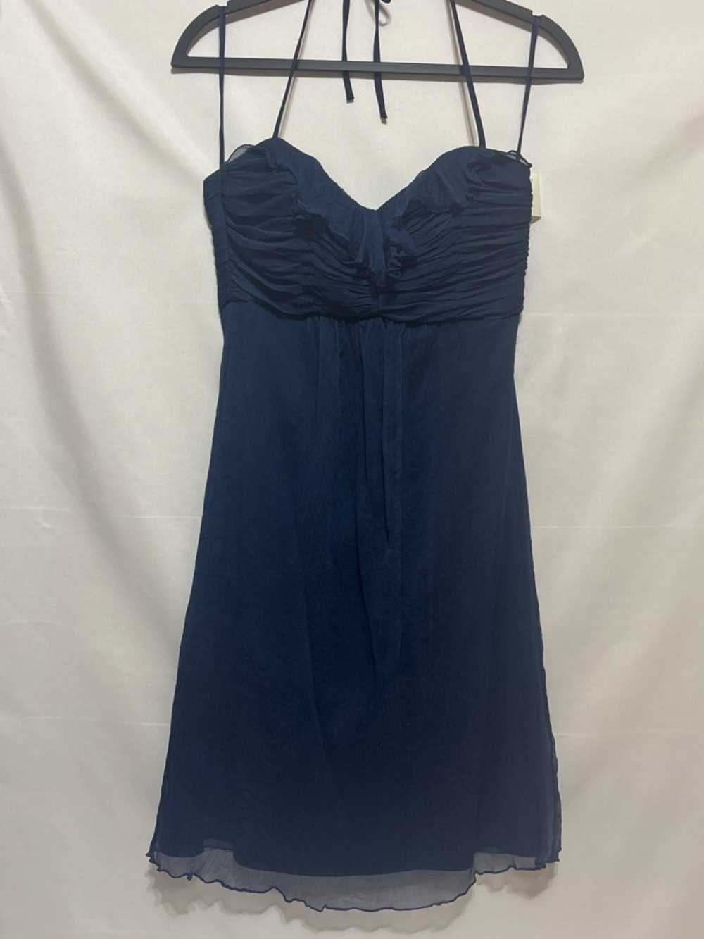 Amsale G429C Navy 100% Silk Halter Ruched Dress Sz 6 | Tiny Fixable Hole